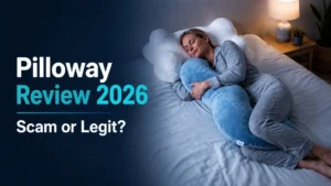 Pilloway Review 2026 showing the Snuggi Body Align Pillow with a scam or legit warning