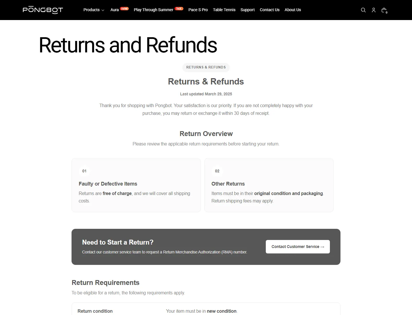 Returns & Refunds Policy | PONGBOT page captured during the ZeroThought investigation
