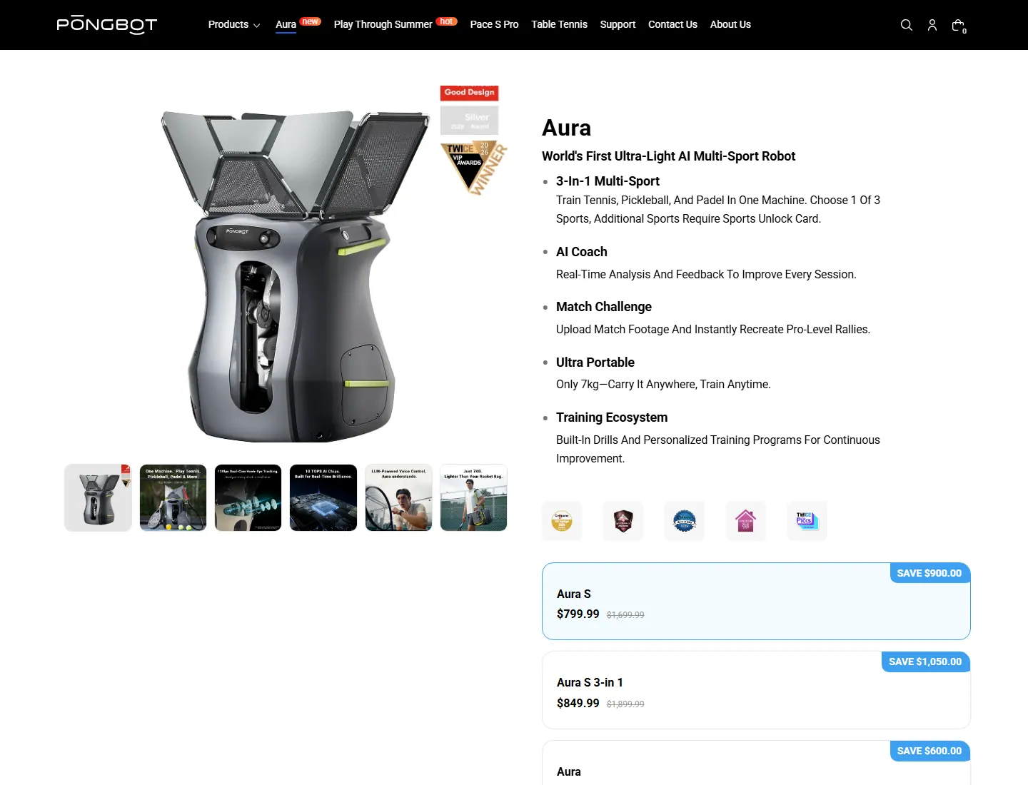 Pongbot Aura AI Multi-Sport Robot | Tennis, Pickleball & Padel Trainer – PONGBOT page captured during the ZeroThought investigation