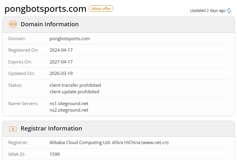 WHOIS.com record showing the registration details for pongbotsports com.