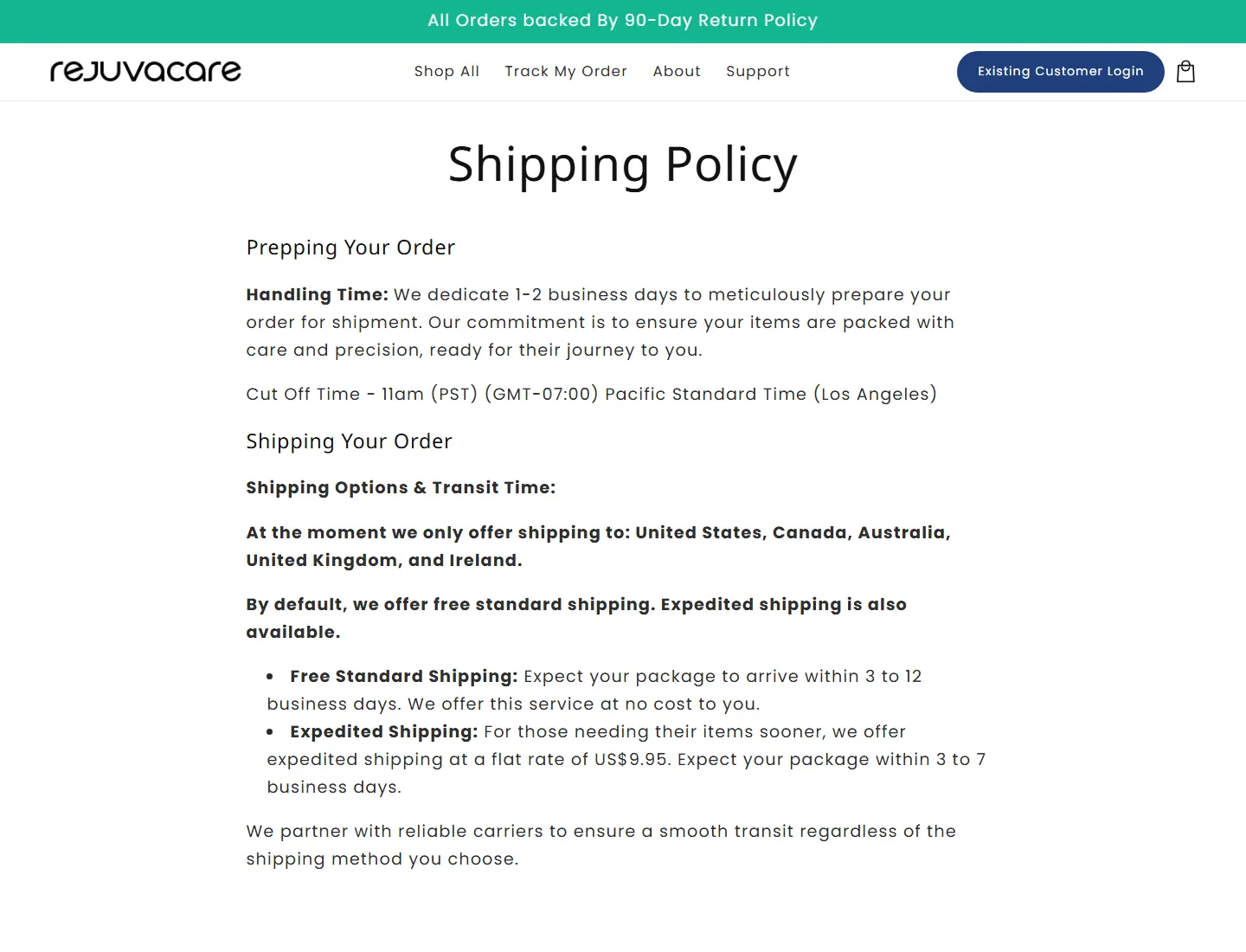 Shipping Policy – RejuvaCare page captured during the ZeroThought investigation