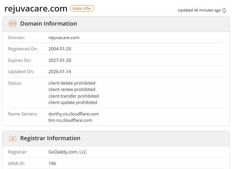 WHOIS.com record showing the registration details for rejuvacare com.
