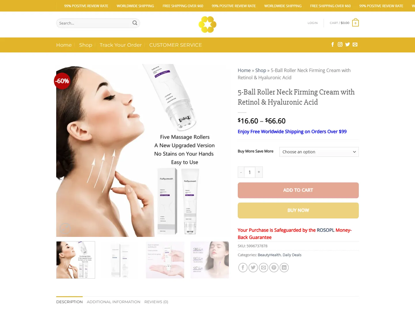 5-Ball Roller Neck Firming Cream with Retinol & Hyaluronic Acid page captured during the ZeroThought investigation