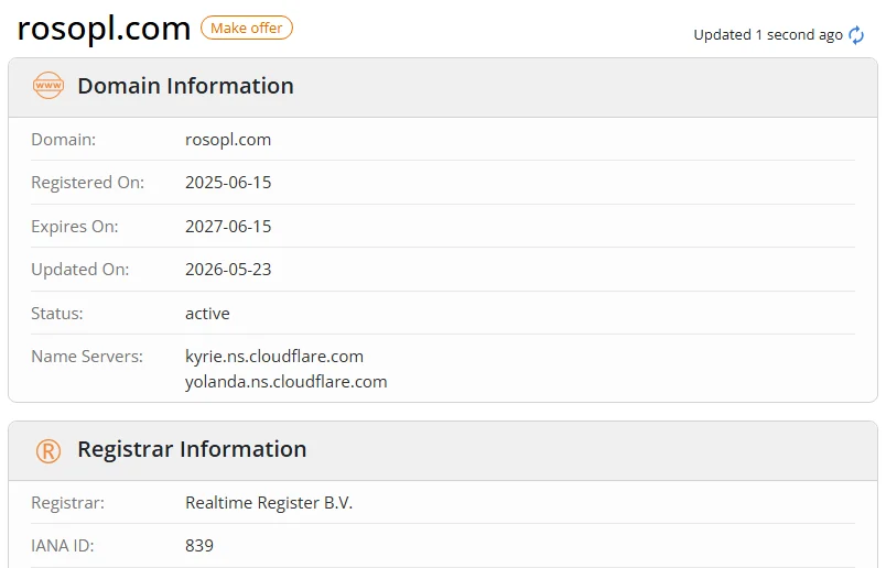 WHOIS.com record showing the registration details for rosopl com.