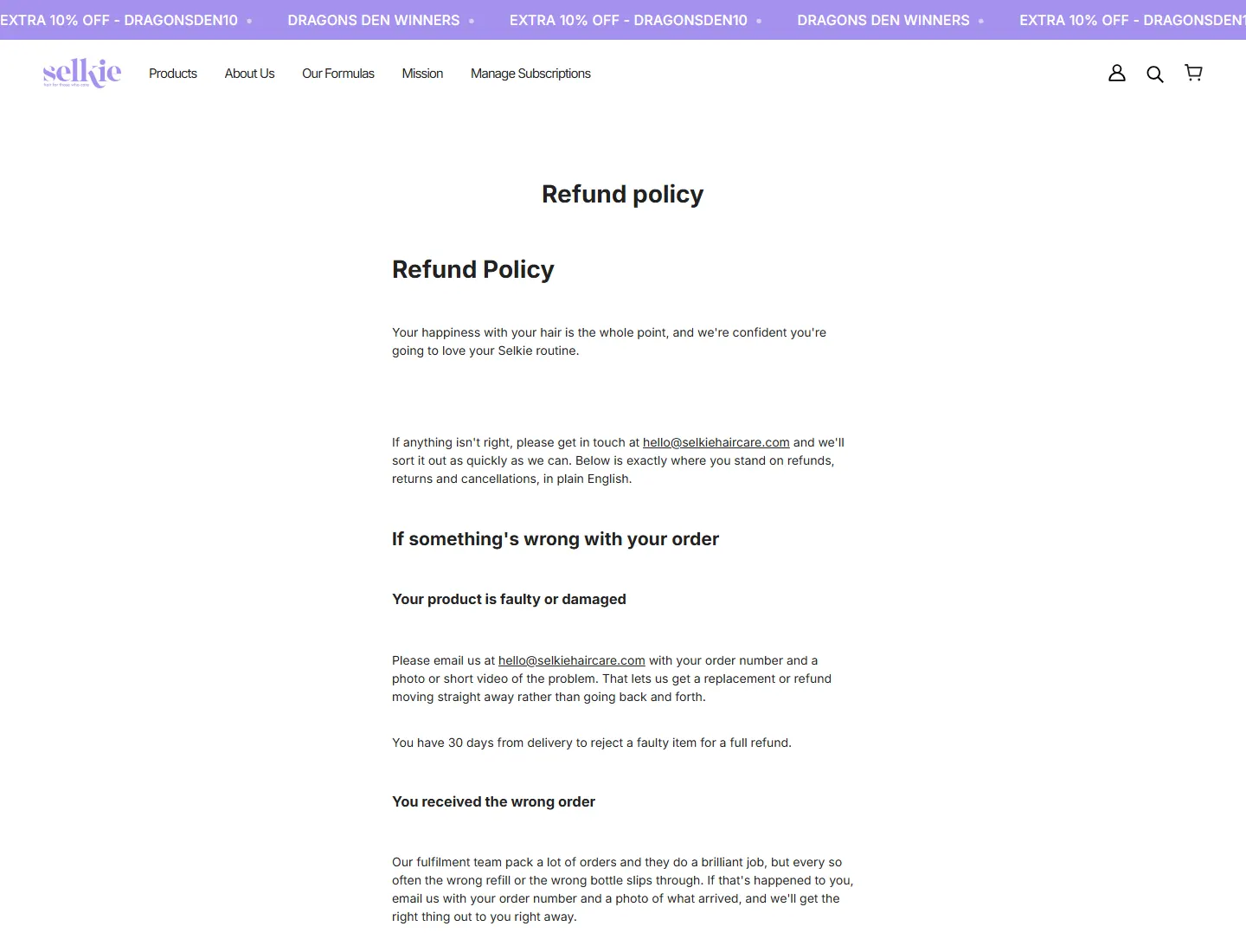 Refund policy | Selkie page captured during the ZeroThought investigation