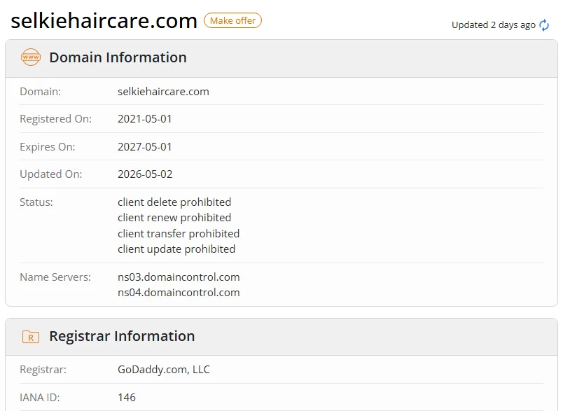 WHOIS.com record showing the registration details for selkiehaircare com.