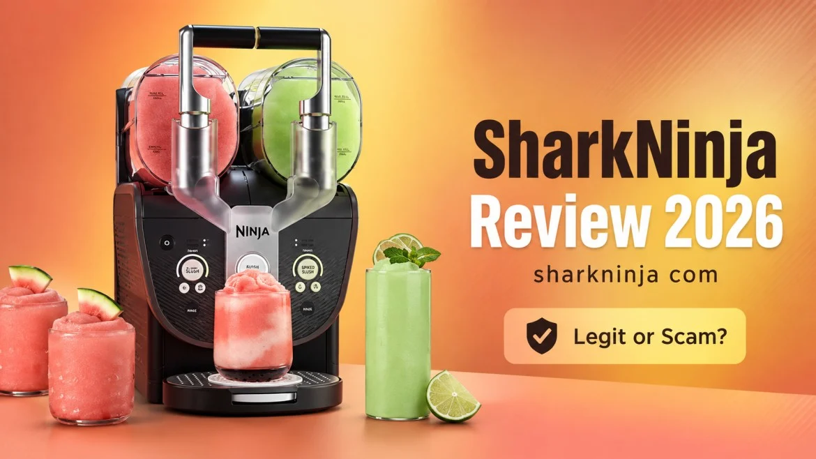 SharkNinja Review 2026 featured image showing a Ninja frozen drink machine with colorful slush drinks and Legit or Scam text
