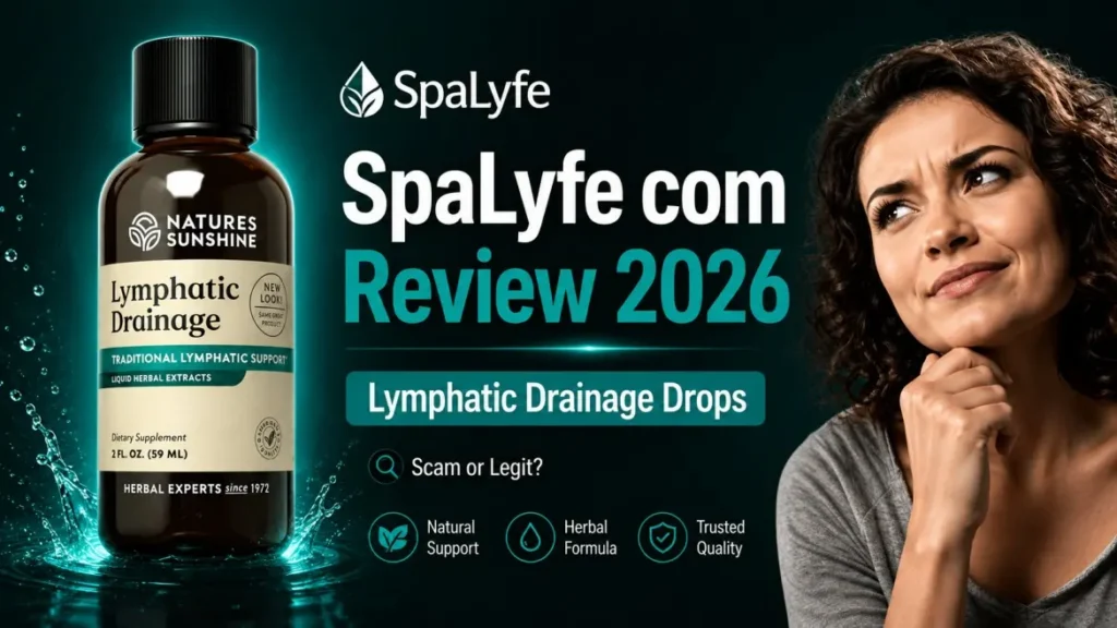 SpaLyfe com Review 2026 featured image showing Nature’s Sunshine Lymphatic Drainage Drops with a woman considering whether the product is legit