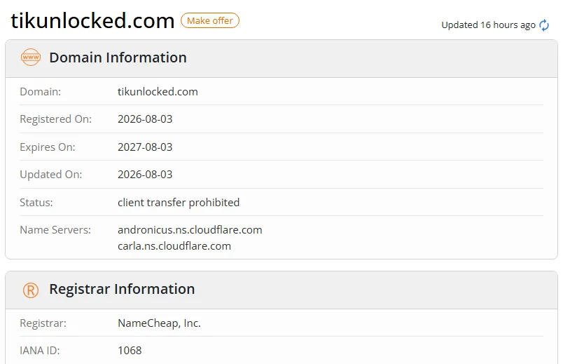 WHOIS.com record showing the registration details for tikunlocked com.