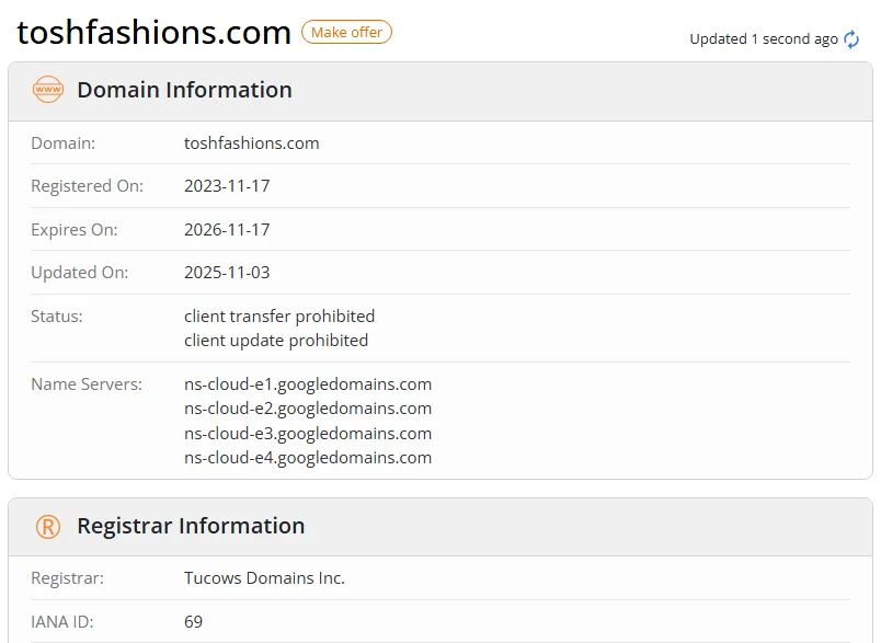 WHOIS.com record showing the registration details for toshfashions com.