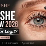 Close-up of an eye applying Blushe Growth Serum Mascara with feature text about Blushe review 2026 and scam or legit analysis.