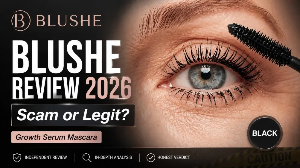 Close-up of an eye applying Blushe Growth Serum Mascara with feature text about Blushe review 2026 and scam or legit analysis.