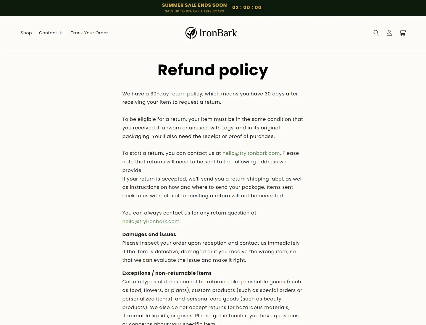 Refund policy – Ironbark page captured during the ZeroThought investigation