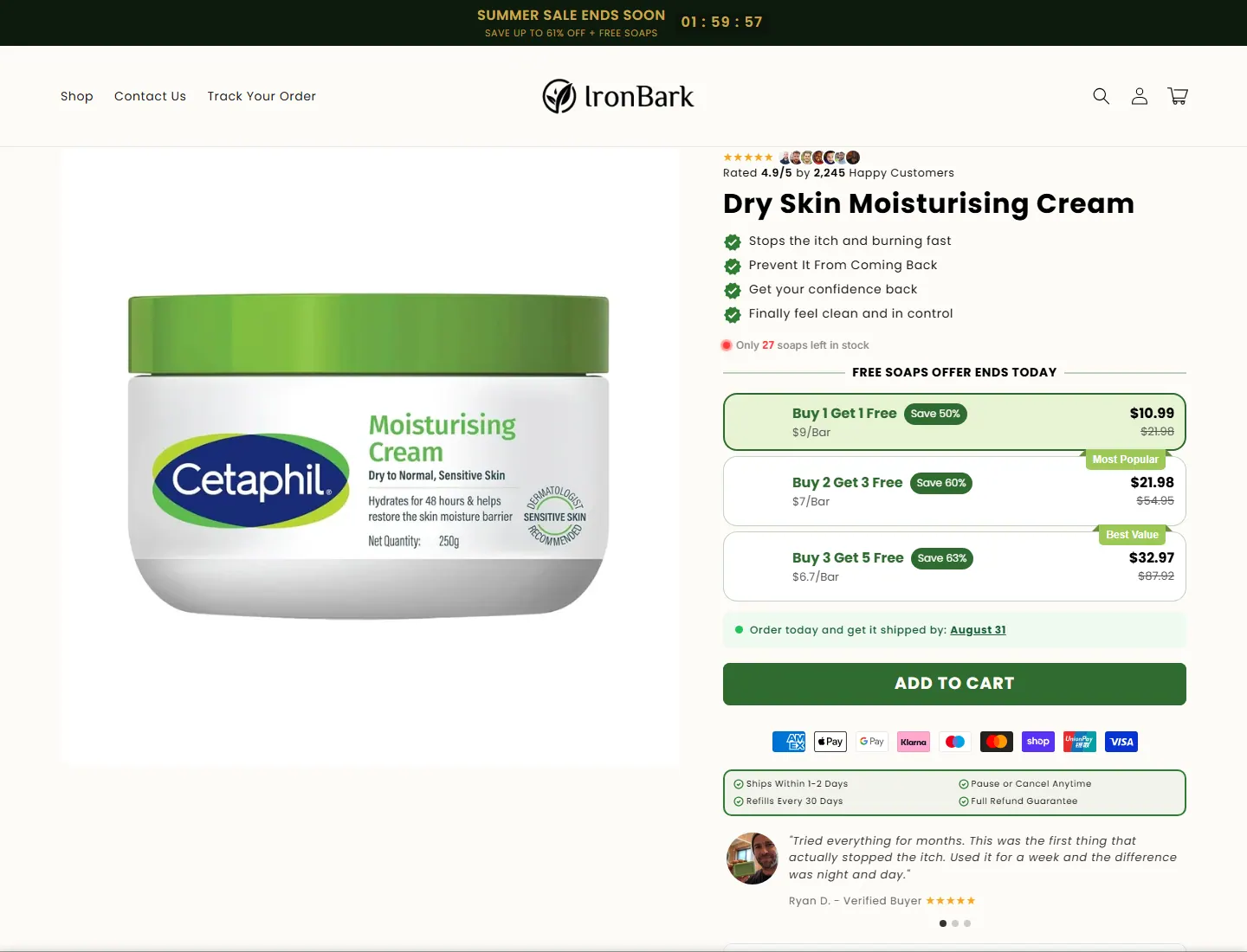 Dry Skin Moisturising Cream – Ironbark page captured during the ZeroThought investigation