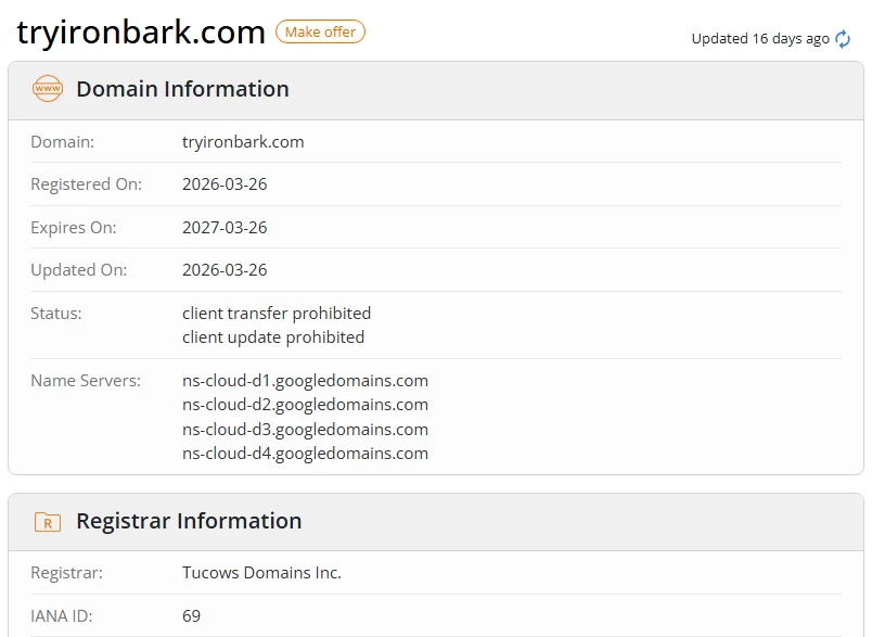 WHOIS.com record showing the registration details for tryironbark com.