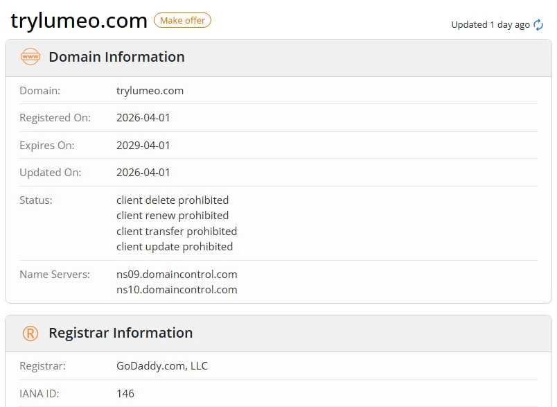 WHOIS.com record showing the registration details for trylumeo com.