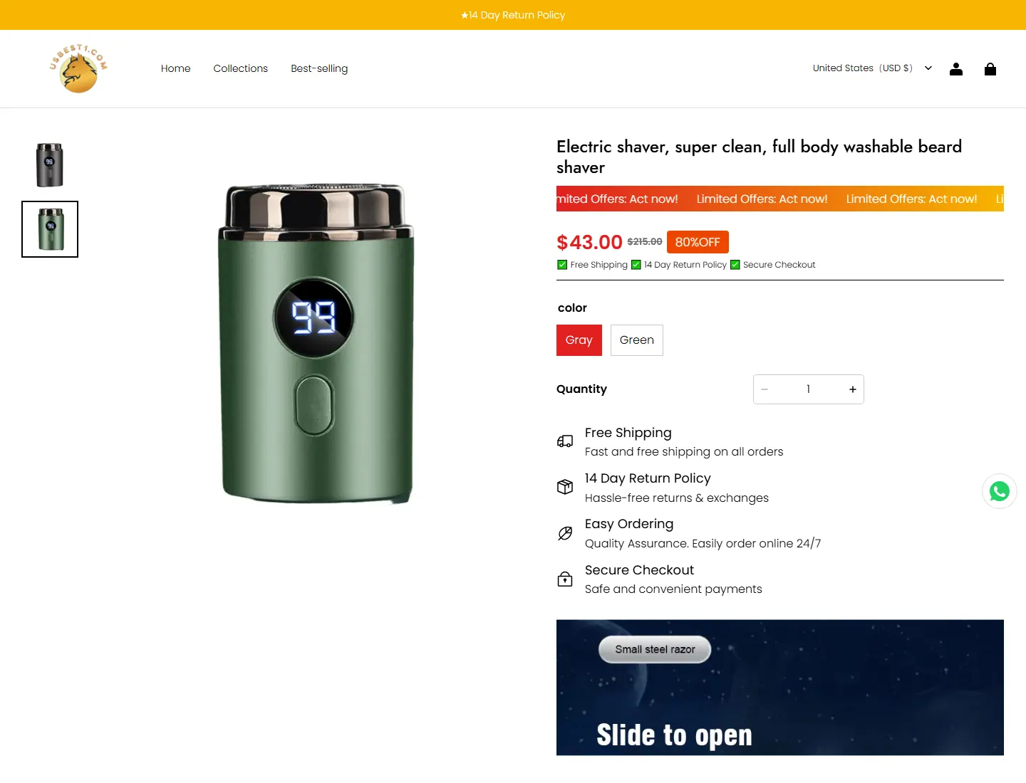 Electric shaver, super clean, full body washable beard shaver – usbest1.com page captured during the ZeroThought investigation