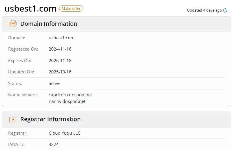WHOIS.com record showing the registration details for usbest1 com.