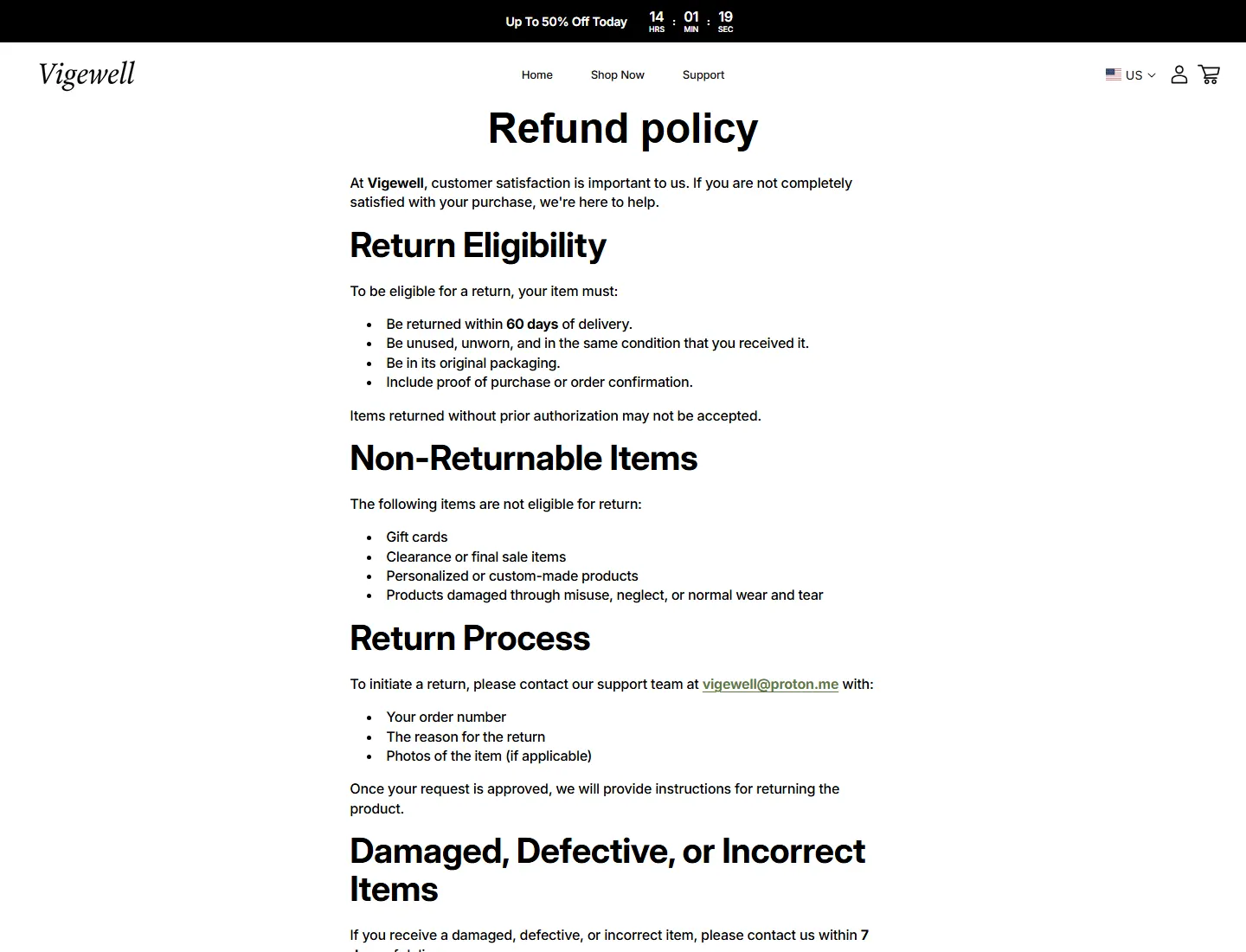 Refund policy – VIGEWELL page captured during the ZeroThought investigation