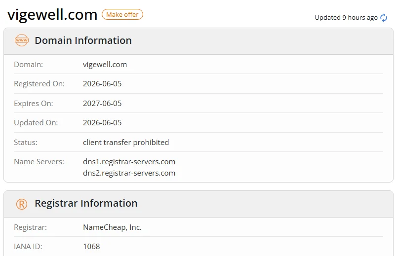 WHOIS.com record showing the registration details for vigewell com.
