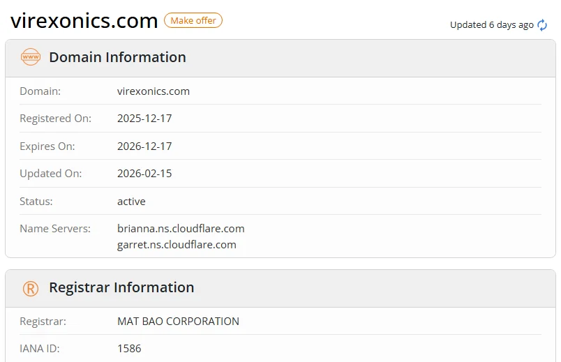 WHOIS.com record showing the registration details for virexonics com.