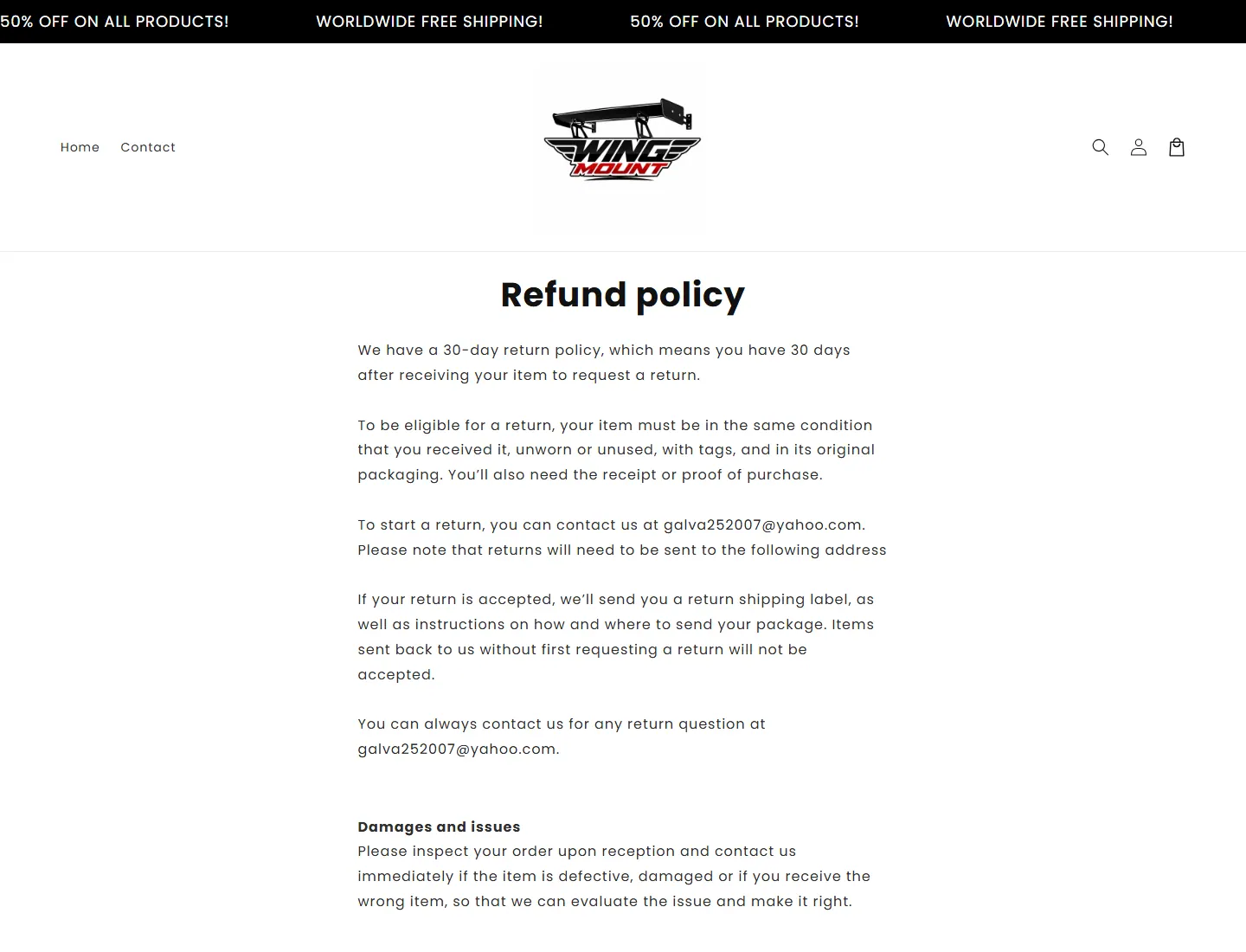 Refund policy – WingMount page captured during the ZeroThought investigation