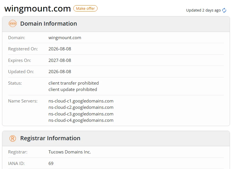 WHOIS.com record showing the registration details for wingmount com.