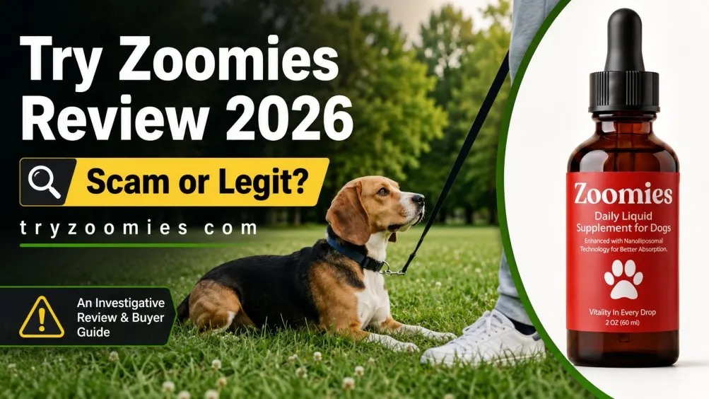 Try Zoomies Review 2026 scam or legit featured image showing the Zoomies dog supplement bottle, a dog, and buyer warning.