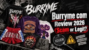 Burryme com Review 2026 featured image showing streetwear products with Scam or Legit warning text