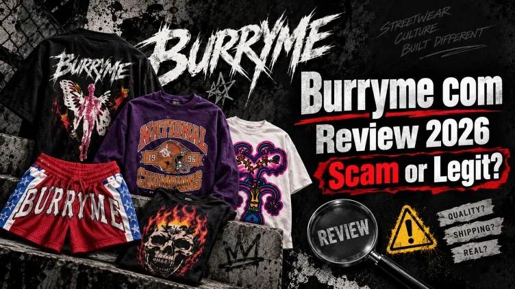 Burryme com Review 2026 featured image showing streetwear products with Scam or Legit warning text