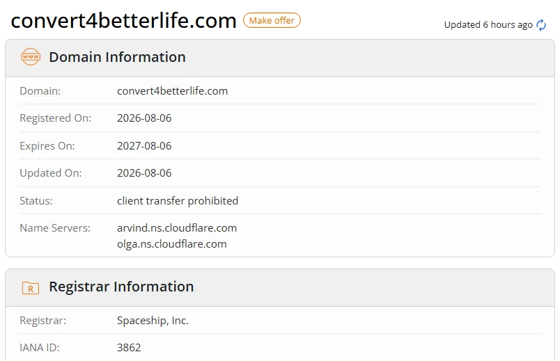 WHOIS.com record showing the registration details for convert4betterlife com.