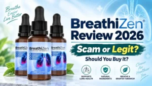 BreathiZen Review 2026 showing three BreathiZen supplement bottles with scam or legit buyer warning text
