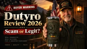 Dutyro Review 2026 buyer warning showing a Vietnam veteran tumbler and scam or legit investigation
