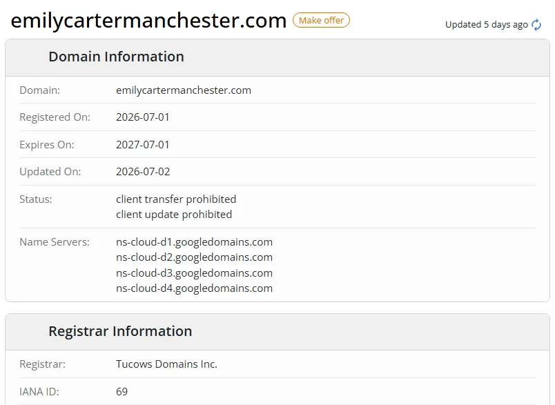 WHOIS.com record showing the registration details for emilycartermanchester com.