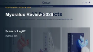 Myoralux website or product material beside a ZeroThought review title.