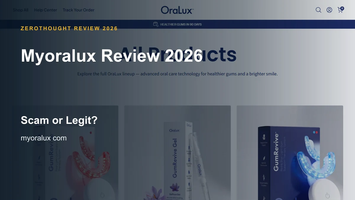 Myoralux website or product material beside a ZeroThought review title.