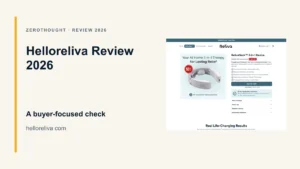 Helloreliva website or product material beside a ZeroThought review title.