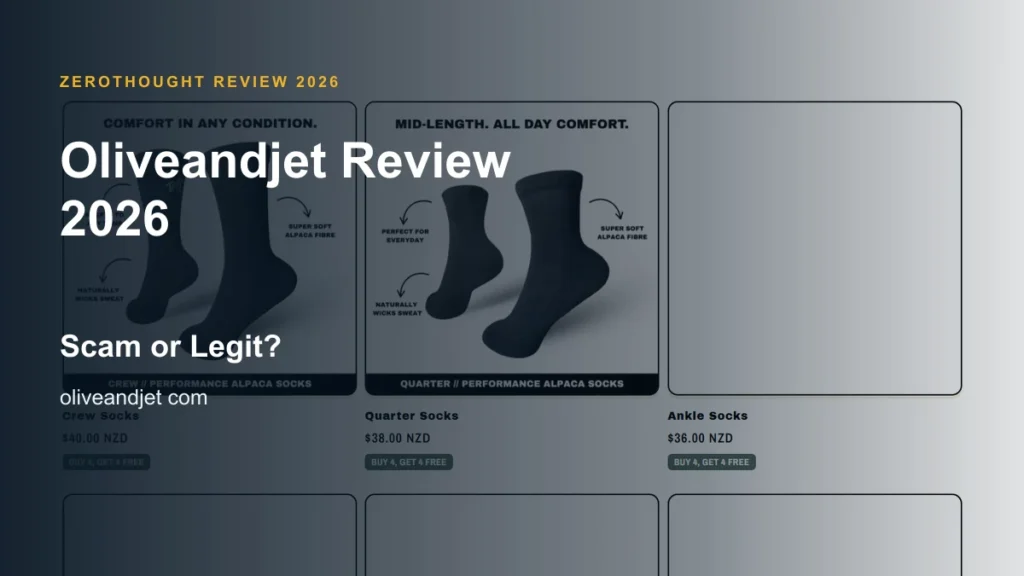 Oliveandjet website or product material beside a ZeroThought review title.