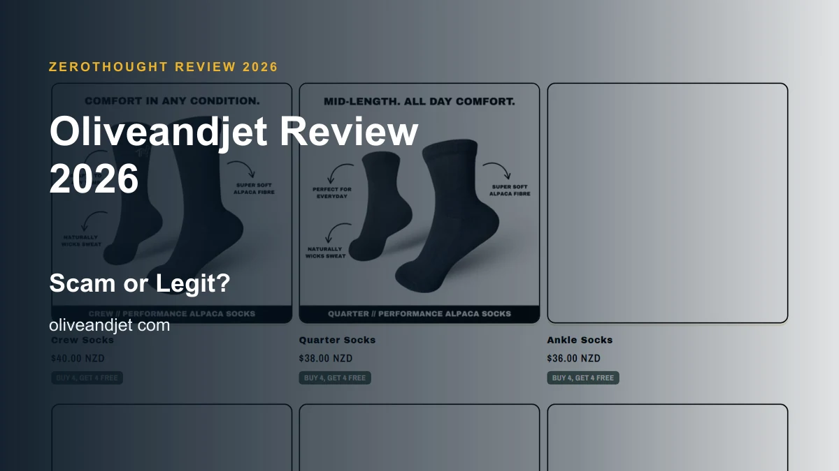 Oliveandjet website or product material beside a ZeroThought review title.