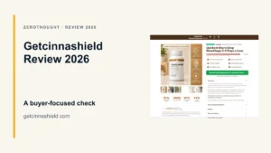 Getcinnashield website or product material beside a ZeroThought review title.