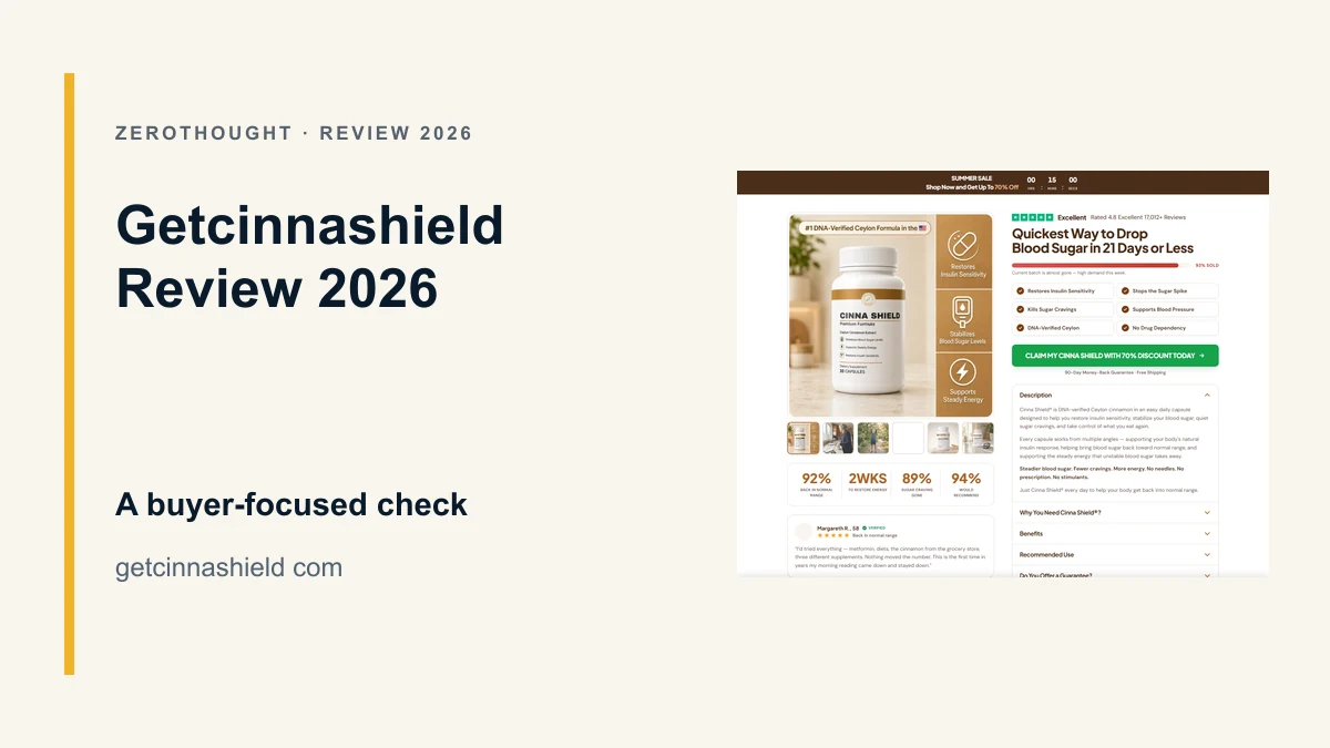 Getcinnashield website or product material beside a ZeroThought review title.