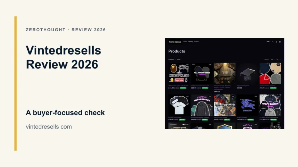 Vintedresells website or product material beside a ZeroThought review title.