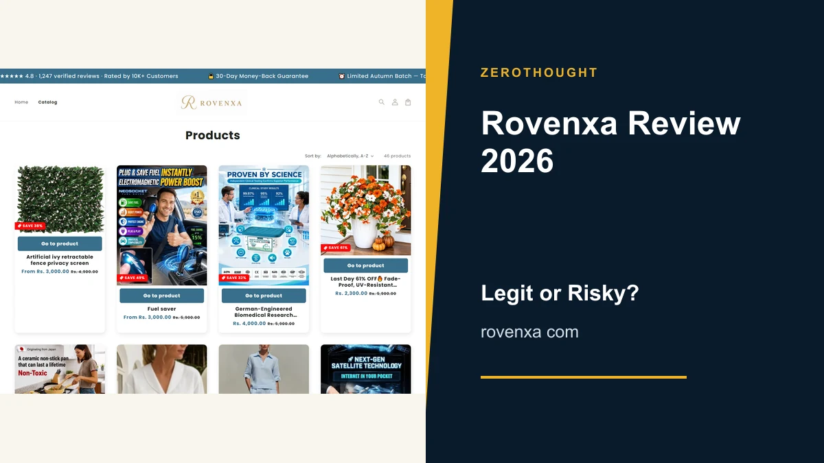 Rovenxa website or product material beside a ZeroThought review title.