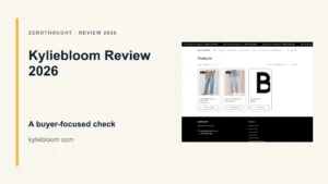 Kyliebloom website or product material beside a ZeroThought review title.