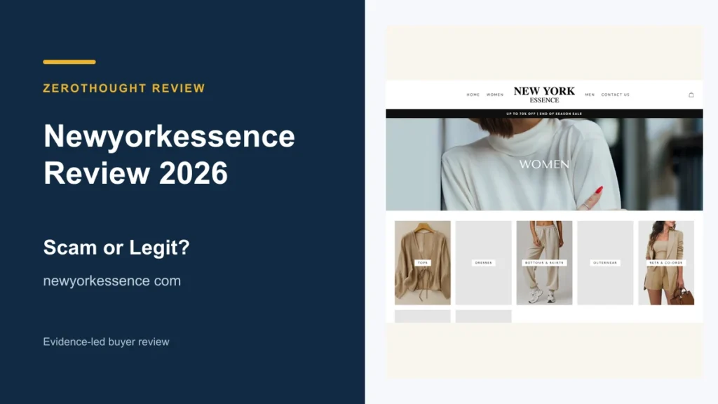 Newyorkessence website or product material beside a ZeroThought review title.