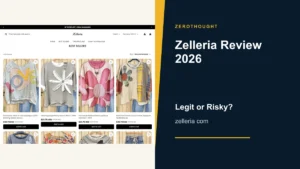 Zelleria website or product material beside a ZeroThought review title.