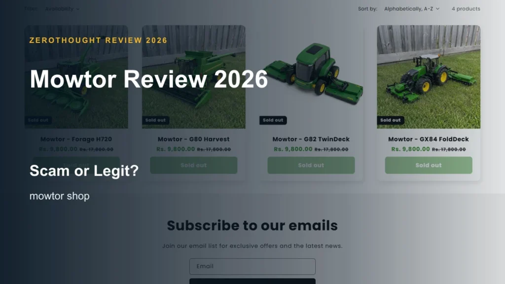 Mowtor website or product material beside a ZeroThought review title.