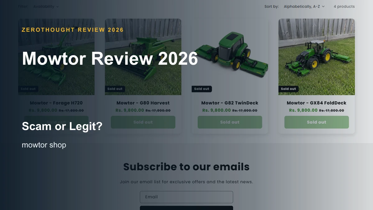 Mowtor website or product material beside a ZeroThought review title.