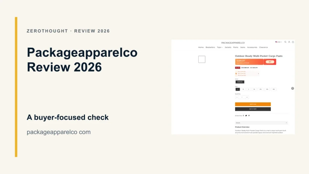 Packageapparelco website or product material beside a ZeroThought review title.