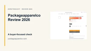 Packageapparelco website or product material beside a ZeroThought review title.